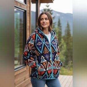Free Nature NYC Tribal Fleece Jacket Mens L Color Geo Aztec Hood Gorpcore Hippie